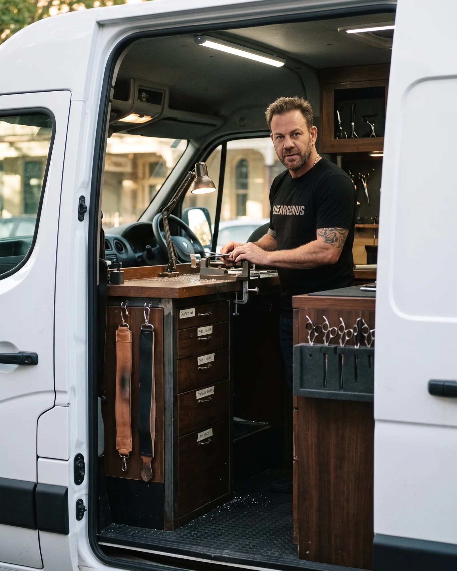 Whetstone Mobile Sharpening founder sharpening a chef knife in the mobile van